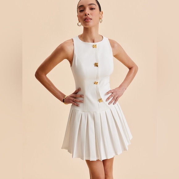 NWT | Commense | Metal-Button Pleated Tank Dress in White | Sz XS - Picture 2 of 9